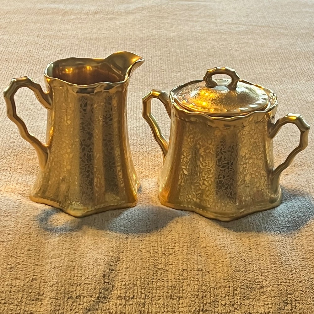 Wheeling Decorating Co Gold Encrusted Cream and Sugar Set Vintage 22K Floral